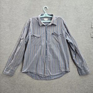 Anchor Blue Men Button Up Shirt XL Gray Striped Y2K Long Sleeve Cotton Pockets